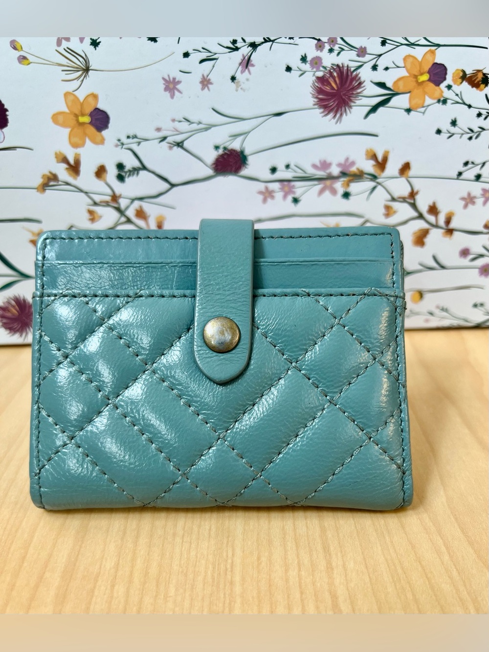 Quilted Teal Turquoise Leather Card Wallet